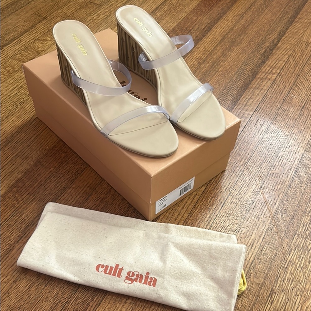 Cult Gaia Beige and Clear Strap Wedge Sandals